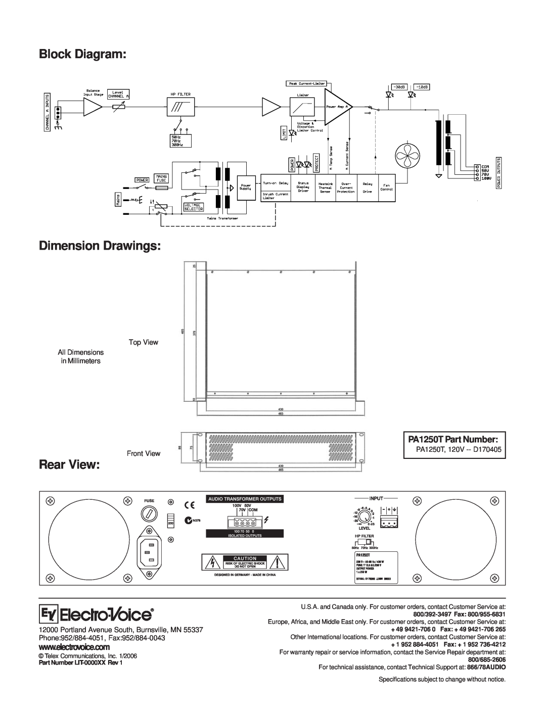Electro-Voice Block Diagram Dimension Drawings, Rear View, PA1250T Part Number, Telex Communications, Inc. 1/2006 
