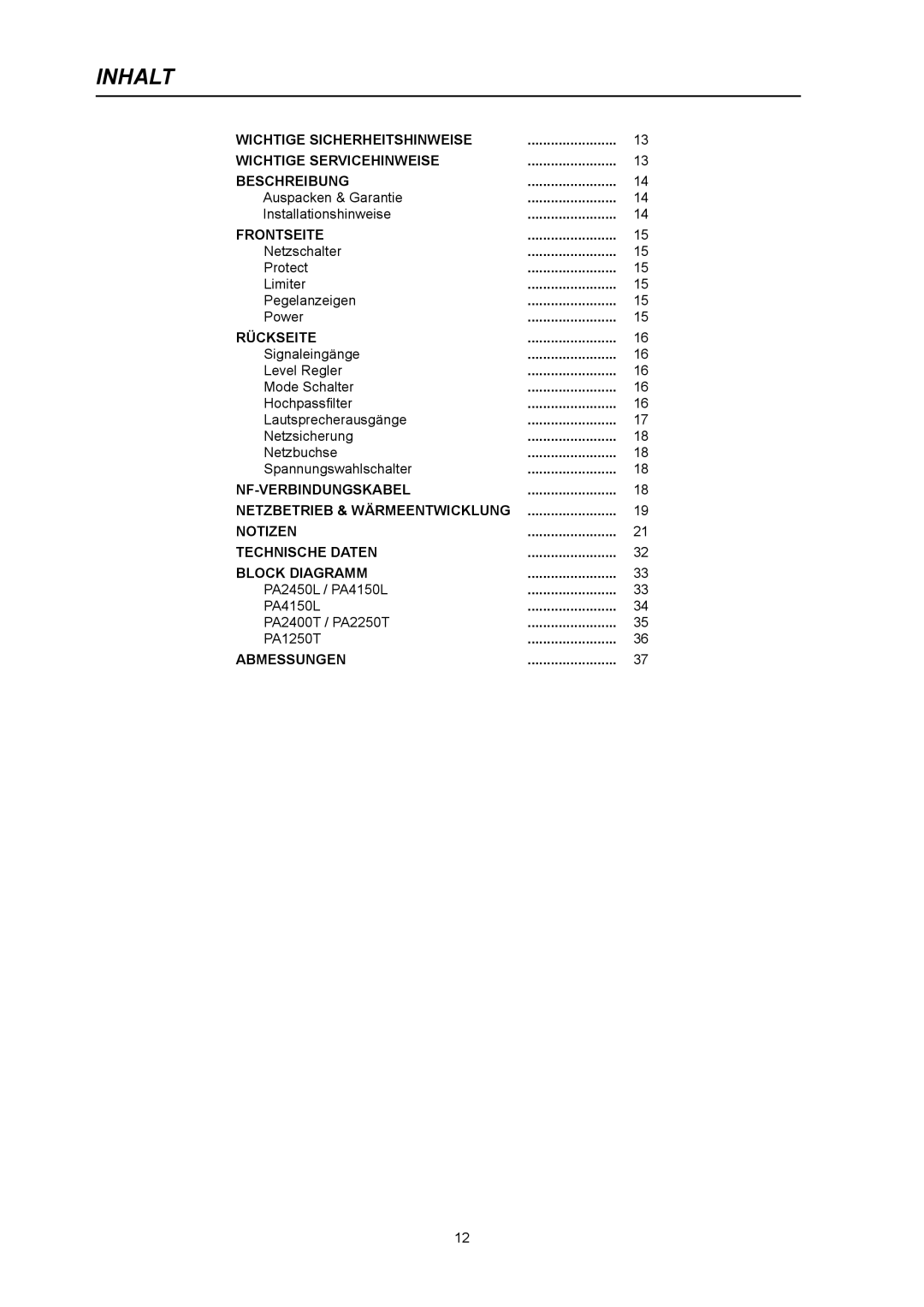 Electro-Voice PA1250T, PA2400T, PA2250T, PA4150L, PA2450L owner manual Inhalt 