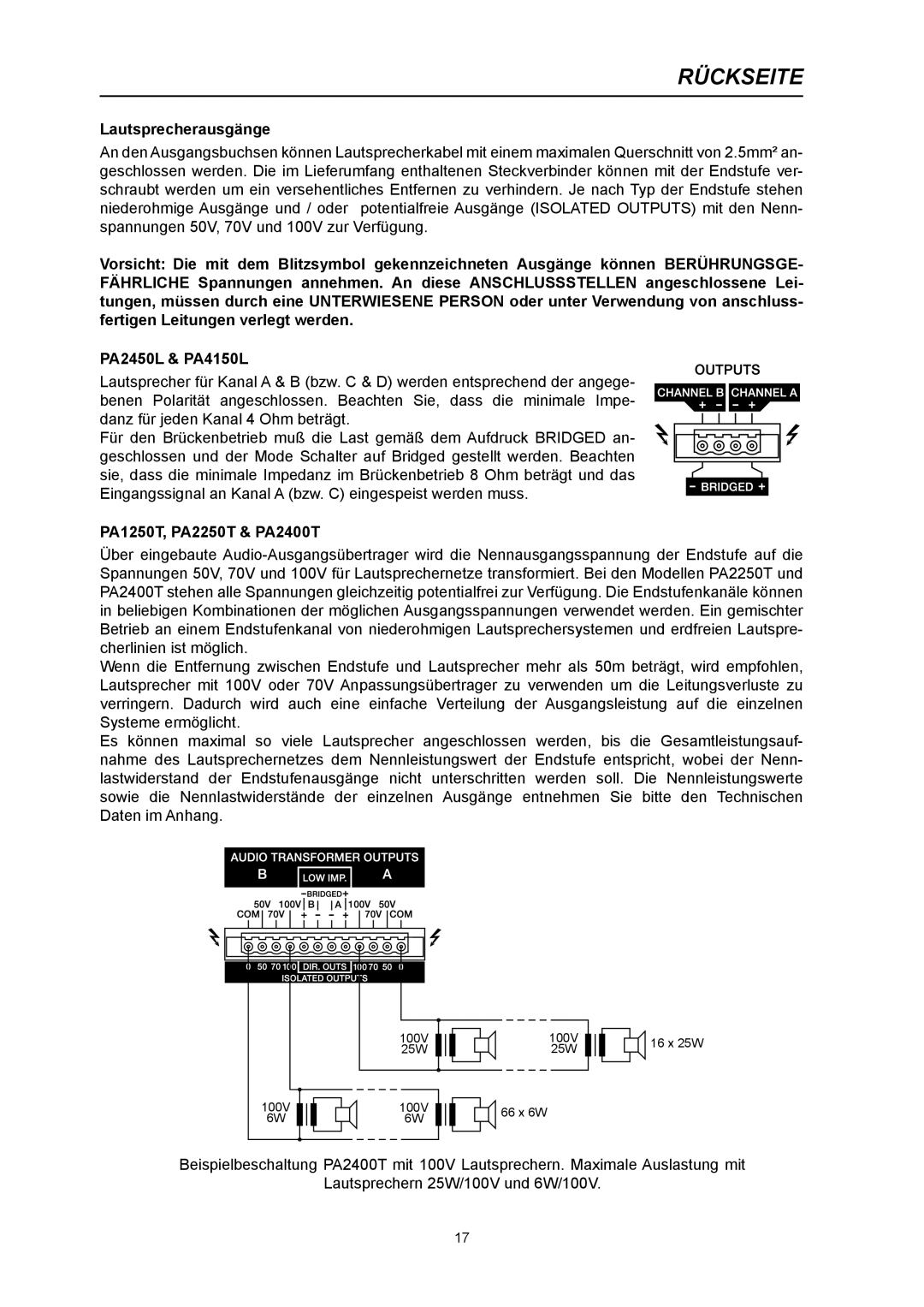 Electro-Voice PA4150L, PA2450L owner manual Lautsprecherausgänge, PA1250T, PA2250T & PA2400T 