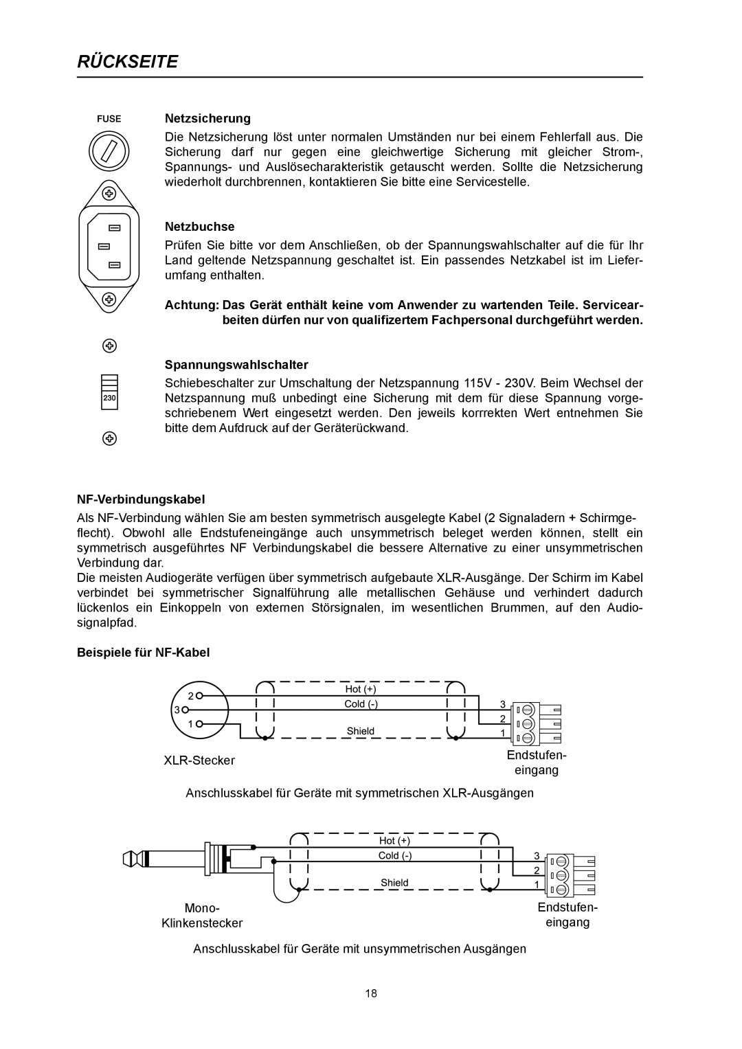 Electro-Voice PA4150L Netzsicherung, Netzbuchse, Spannungswahlschalter, NF-Verbindungskabel, Beispiele für NF-Kabel 