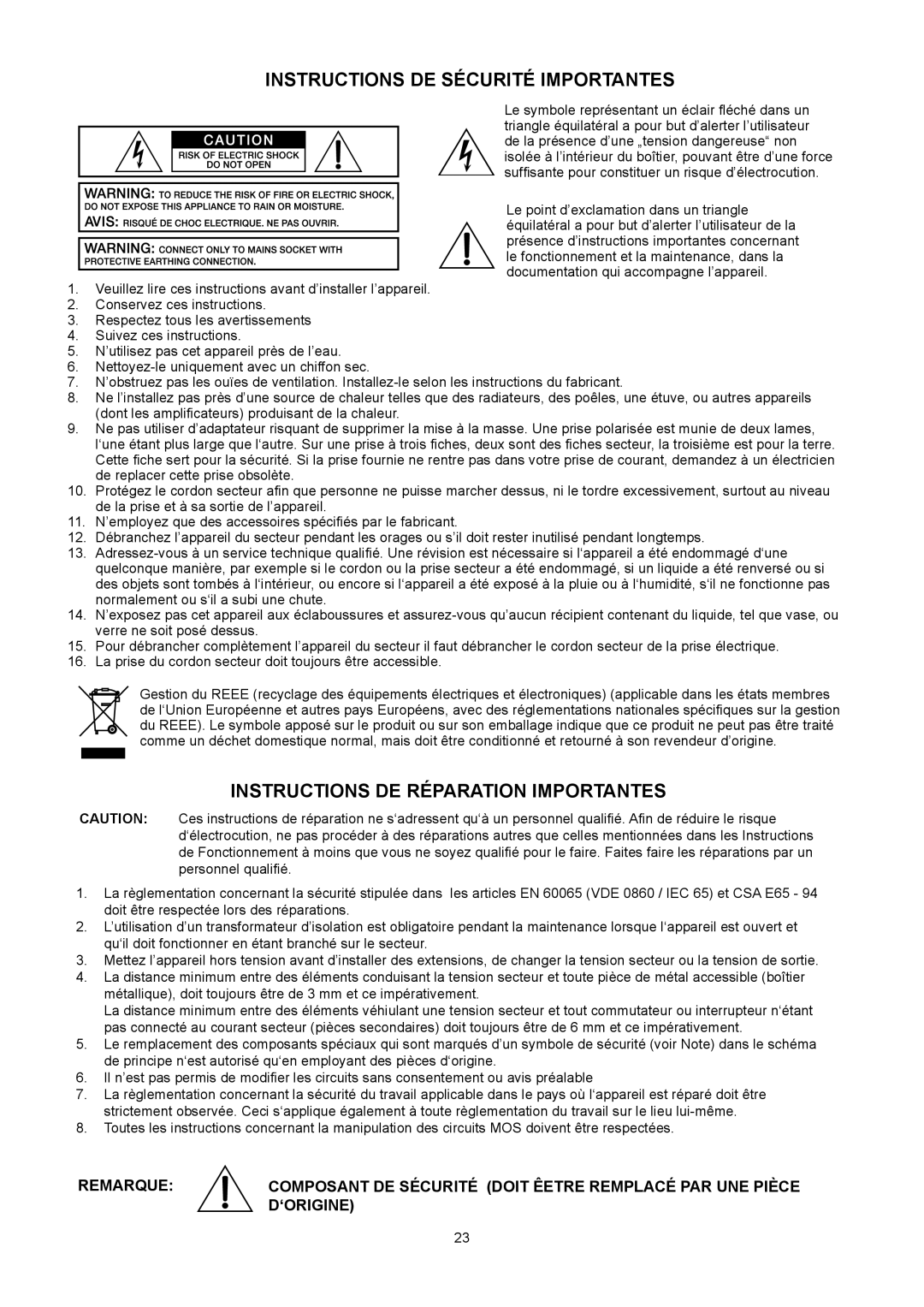 Electro-Voice PA4150L, PA2400T, PA2250T, PA1250T, PA2450L owner manual Instructions DE Sécurité Importantes 