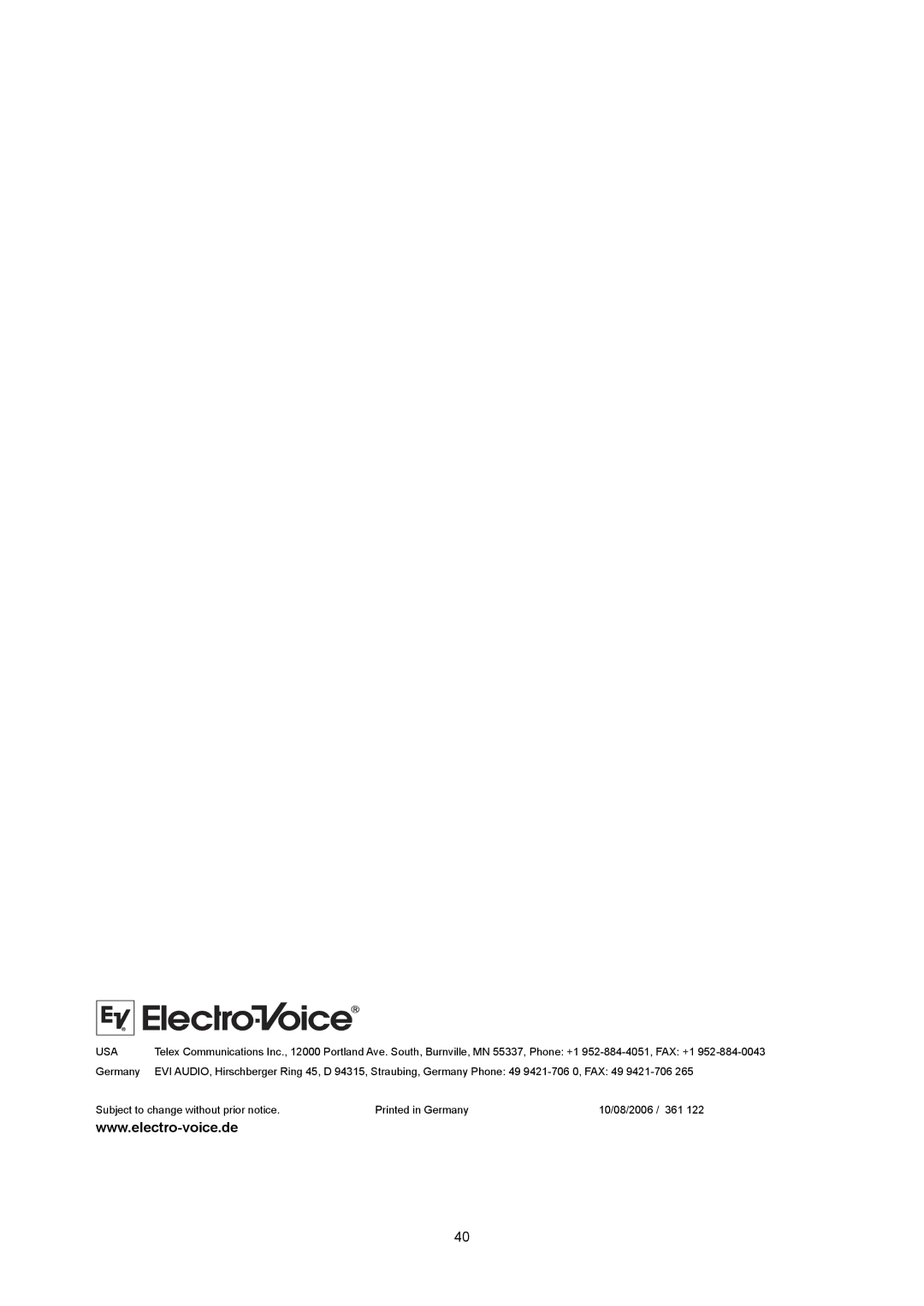 Electro-Voice PA2400T, PA2250T, PA1250T, PA4150L, PA2450L owner manual Usa 