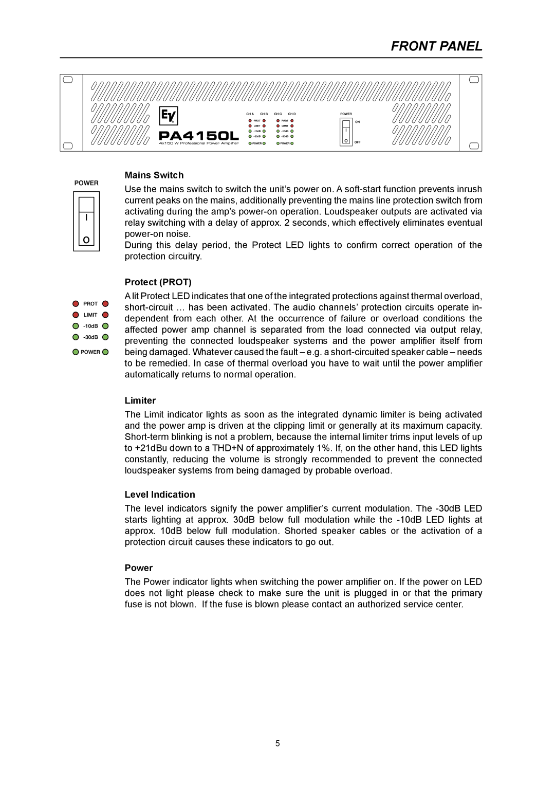 Electro-Voice PA2400T, PA2250T, PA1250T, PA4150L, PA2450L owner manual Front Panel 