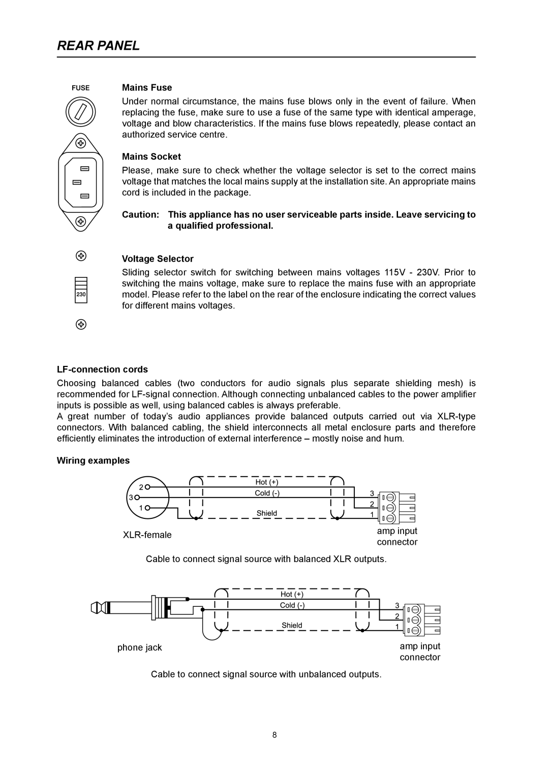 Electro-Voice PA4150L, PA2400T, PA2250T Mains Fuse, Mains Socket, Voltage Selector, LF-connection cords, Wiring examples 