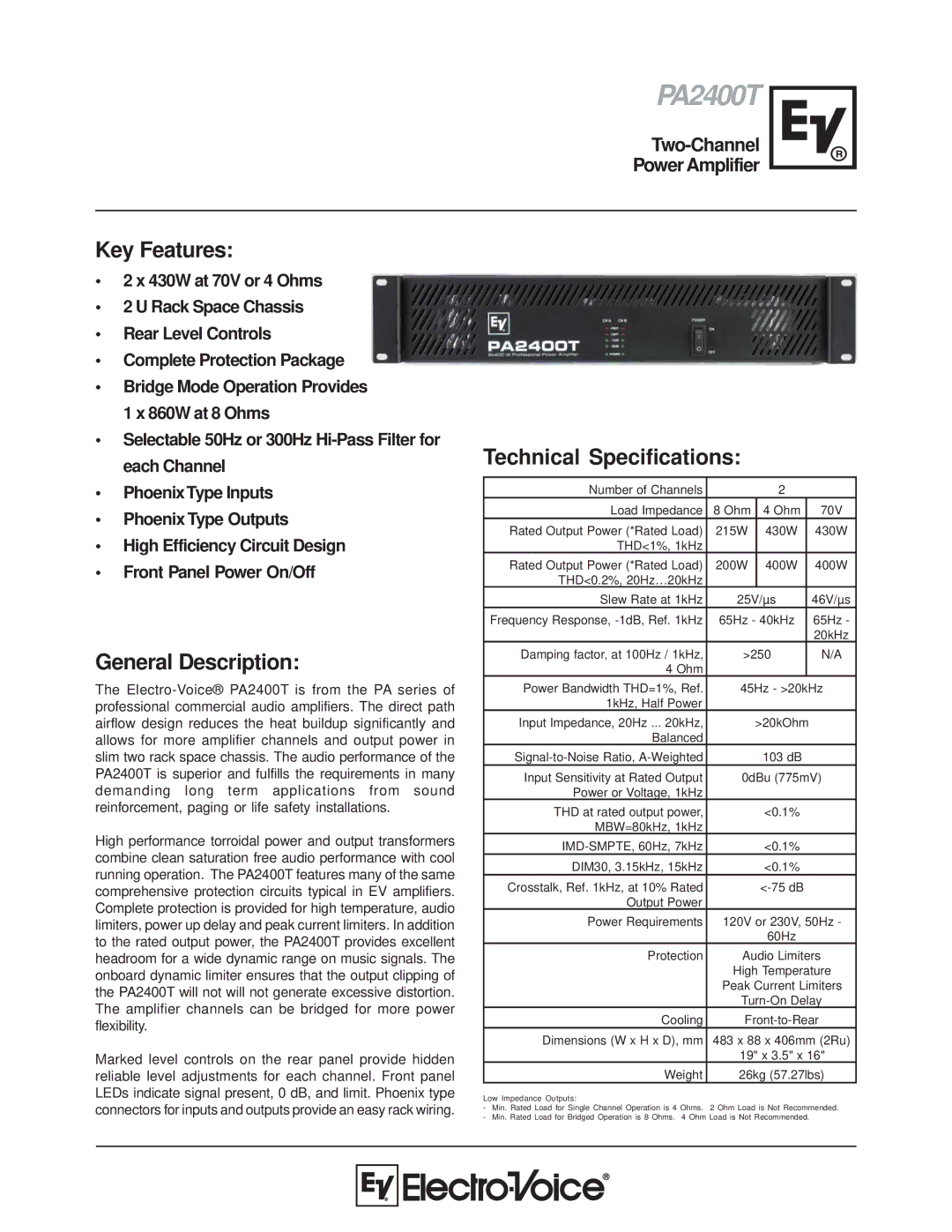 Electro-Voice PA2400T technical specifications Key Features, General Description, Technical Specifications 