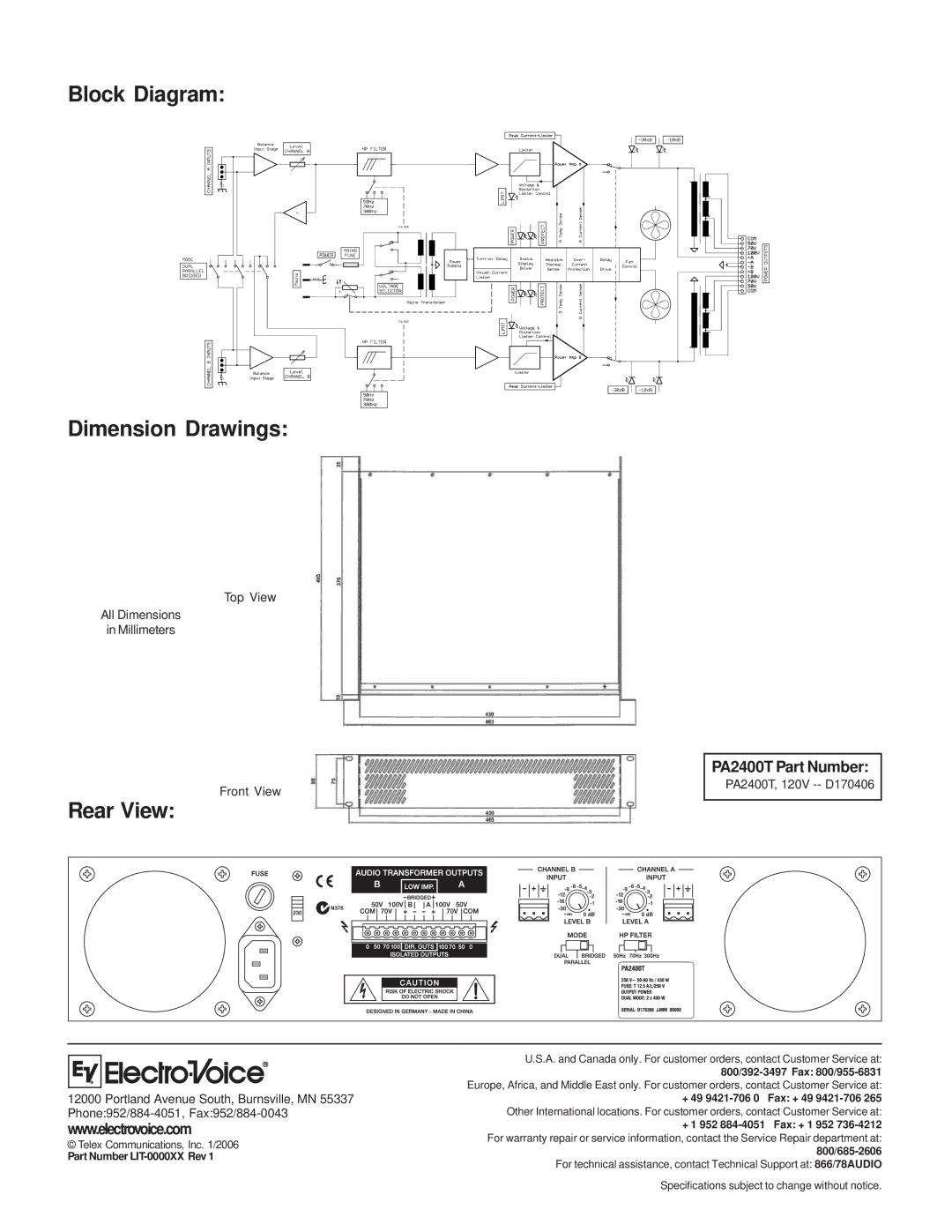 Electro-Voice PA2400T technical specifications Block Diagram Dimension Drawings, Rear View, Part Number LIT-0000XX Rev 