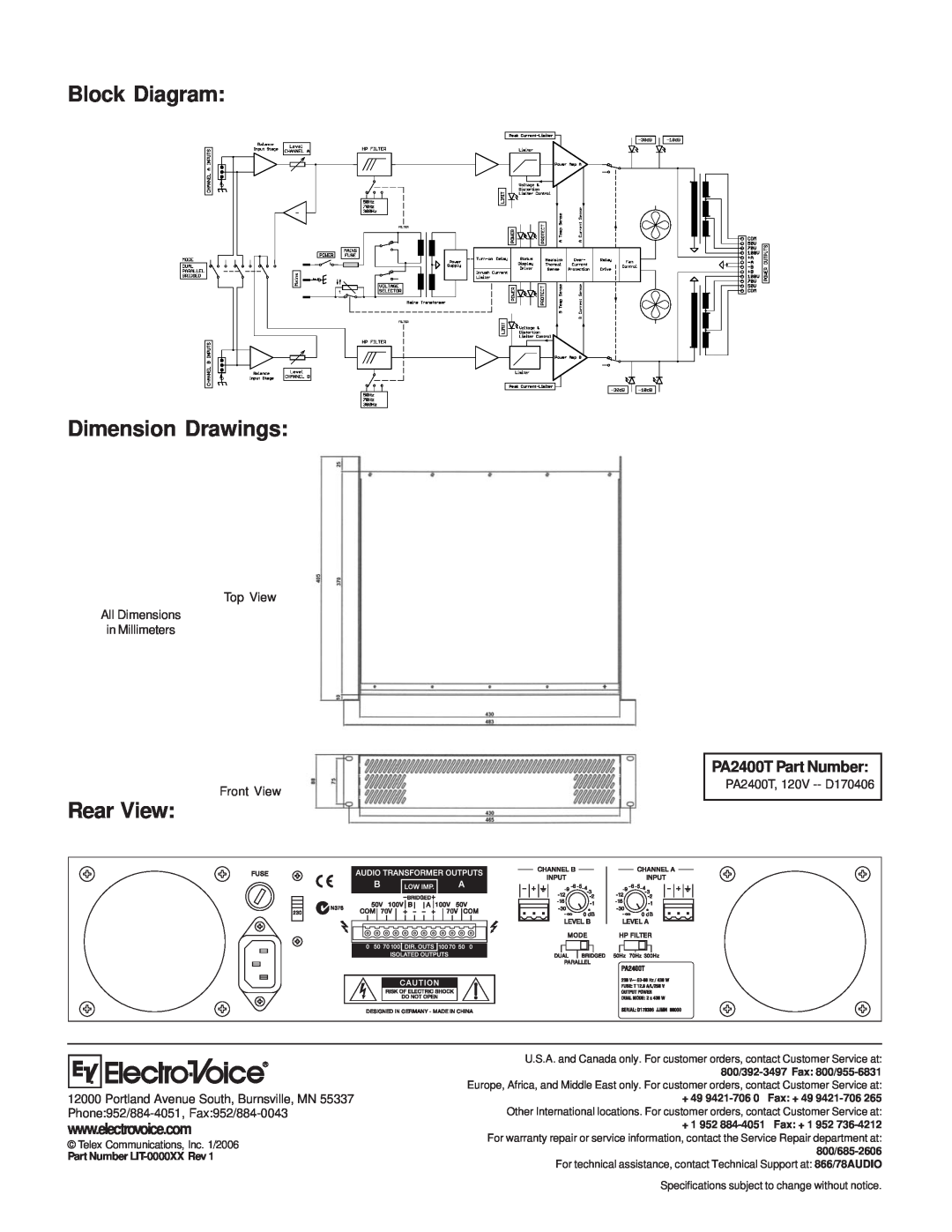 Electro-Voice Block Diagram Dimension Drawings, Rear View, PA2400T Part Number, Telex Communications, Inc. 1/2006 