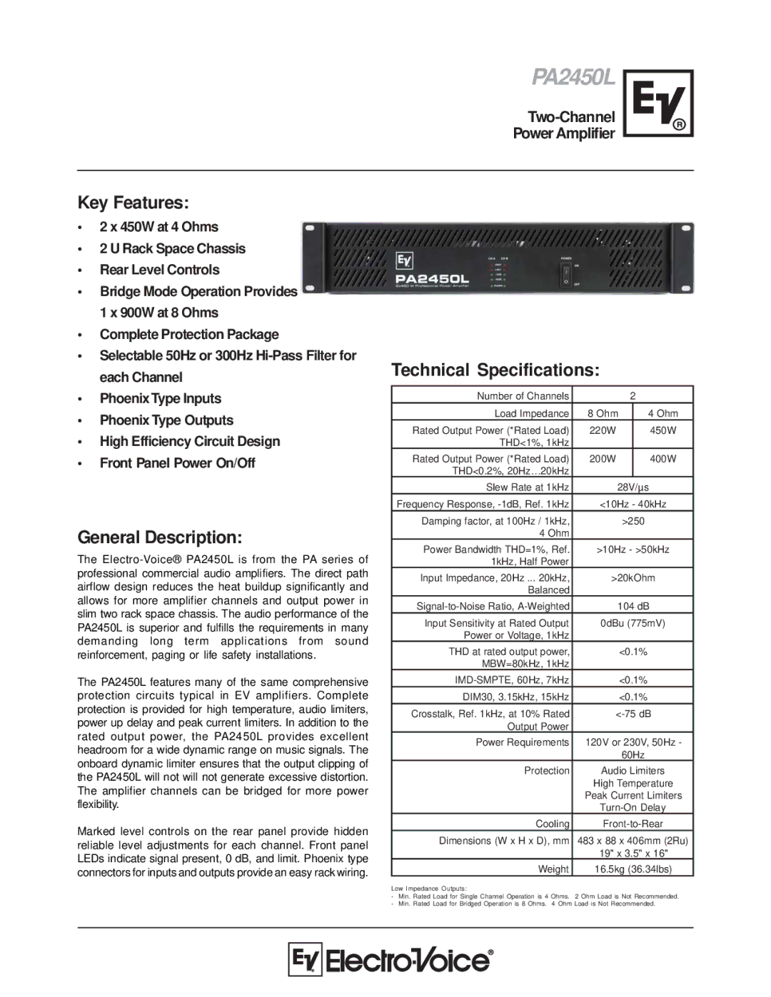 Electro-Voice PA2450 technical specifications Key Features, General Description, Technical Specifications 