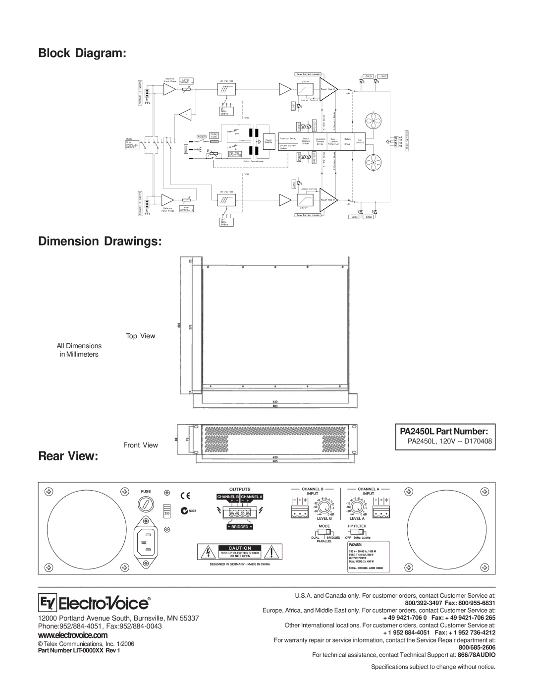 Electro-Voice PA2450 technical specifications Block Diagram Dimension Drawings, Rear View, Part Number LIT-0000XX Rev 