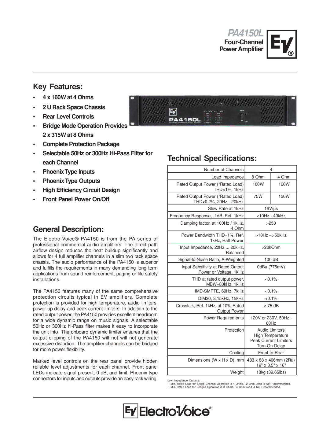 Electro-Voice PA4150 technical specifications Key Features, General Description, Technical Specifications 