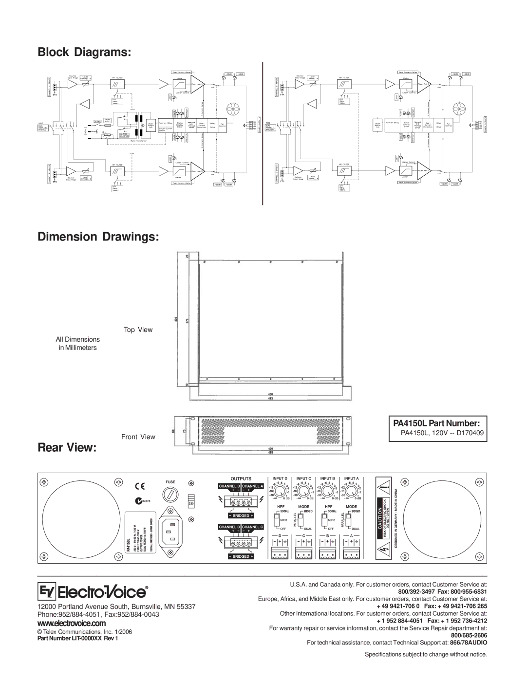 Electro-Voice PA4150 technical specifications Block Diagrams Dimension Drawings, Rear View, Part Number LIT-0000XX Rev 