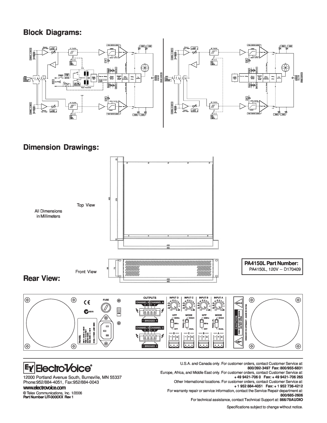 Electro-Voice Block Diagrams Dimension Drawings, Rear View, PA4150L Part Number, Telex Communications, Inc. 1/2006 