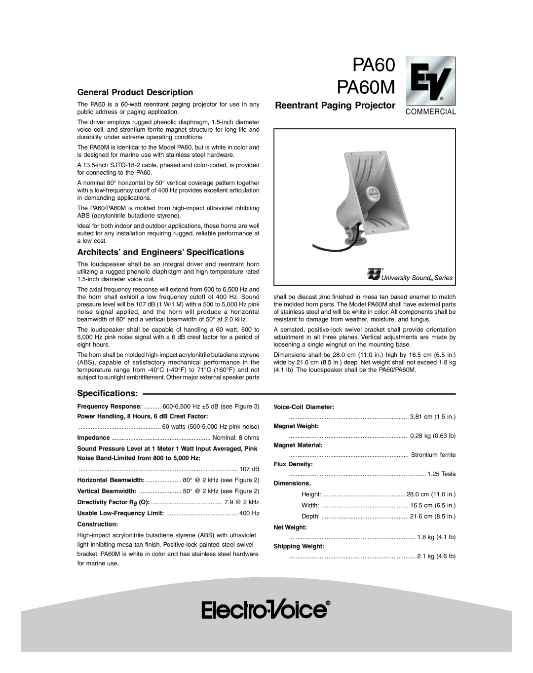 Electro-Voice PA60 specifications General Product Description, Architects’ and Engineers’ Specifications 