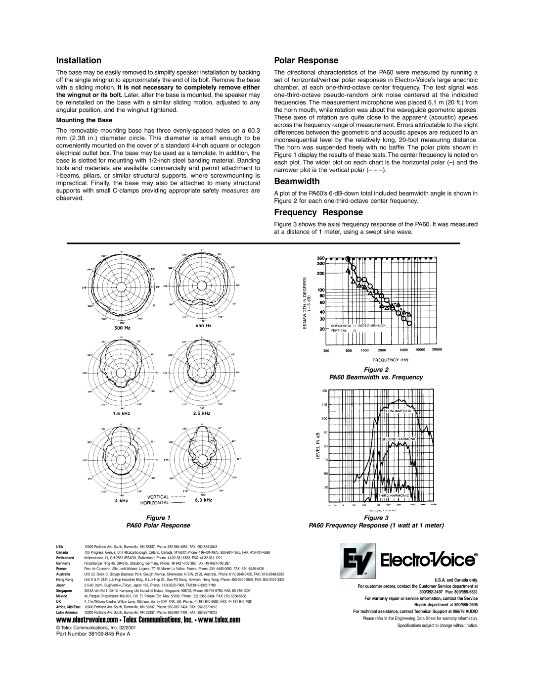 Electro-Voice PA60 specifications Installation, Polar Response, Beamwidth, Frequency Response 