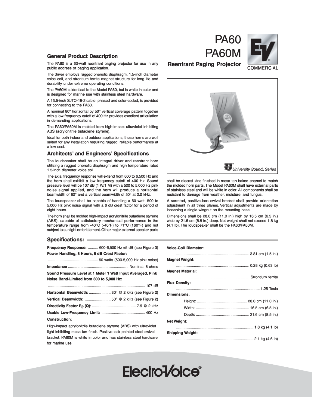 Electro-Voice specifications General Product Description, Architects’ and Engineers’ Specifications, PA60 PA60M 