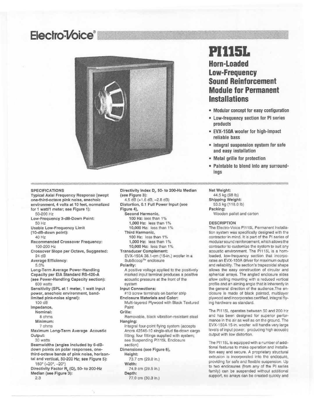 Electro-Voice PI115L manual 