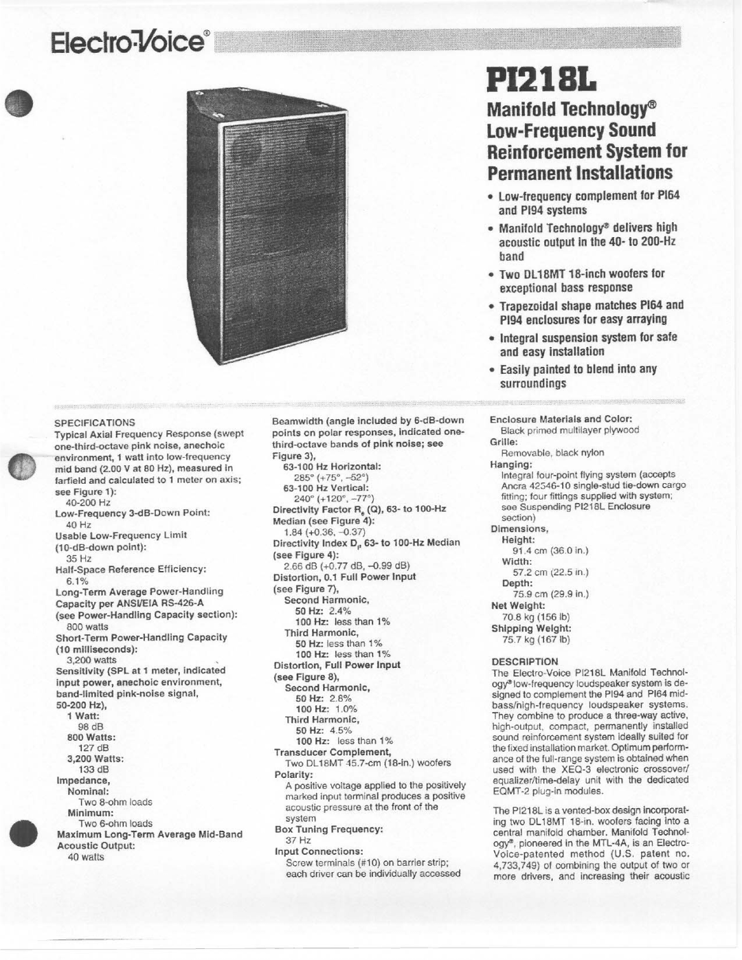 Electro-Voice PI218L manual 