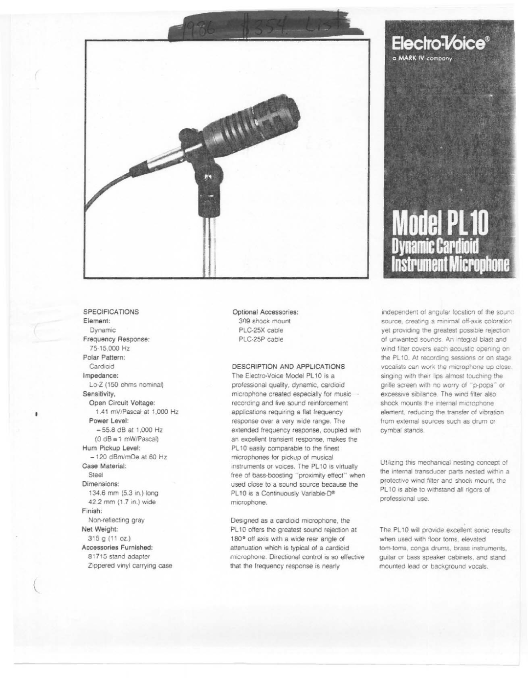 Electro-Voice PL10 manual 