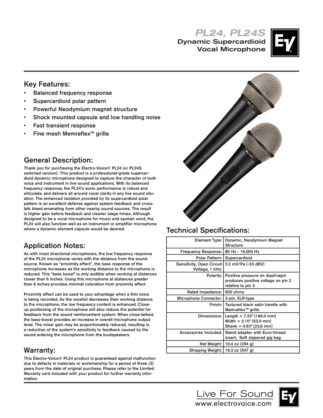 Electro-Voice PL24S technical specifications Key Features, General Description, Application Notes, Warranty 