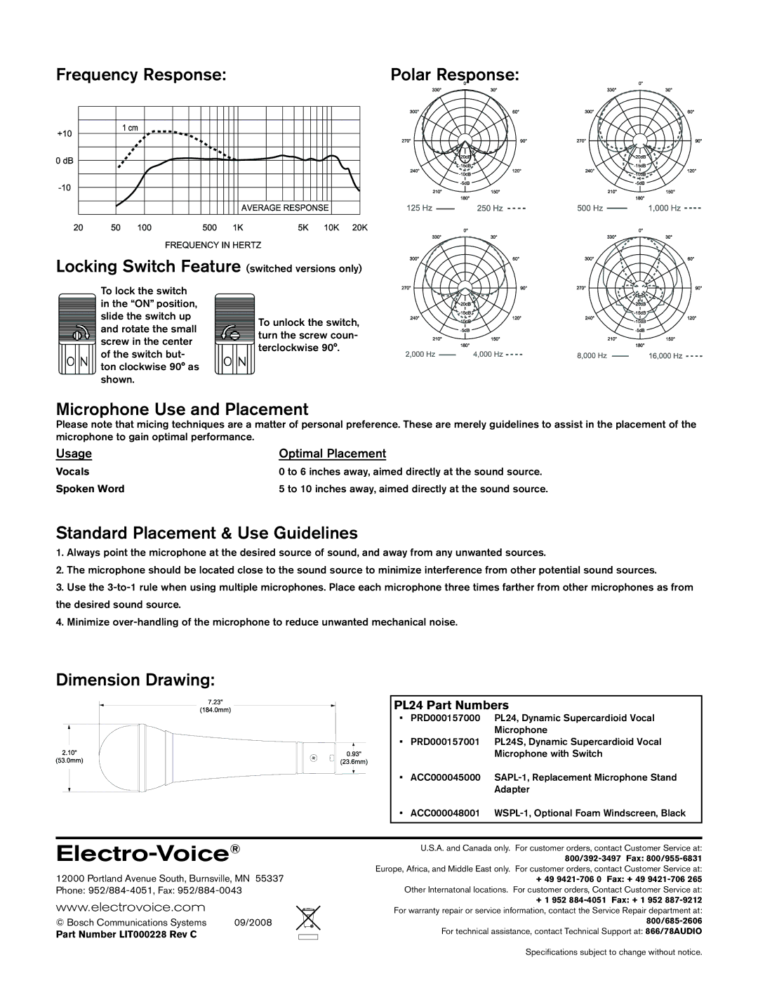 Electro-Voice PL24S Frequency Response, Microphone Use and Placement, Standard Placement & Use Guidelines 