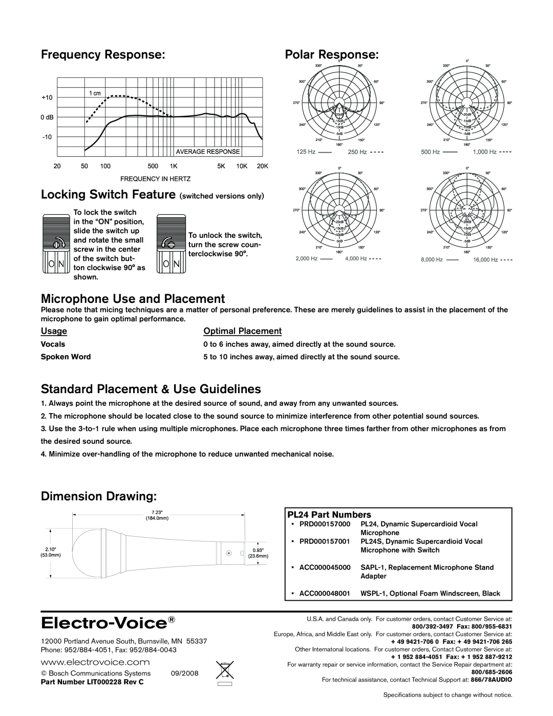 Electro-Voice PL24S Frequency Response, Microphone Use and Placement, Standard Placement & Use Guidelines, Electro-Voice 