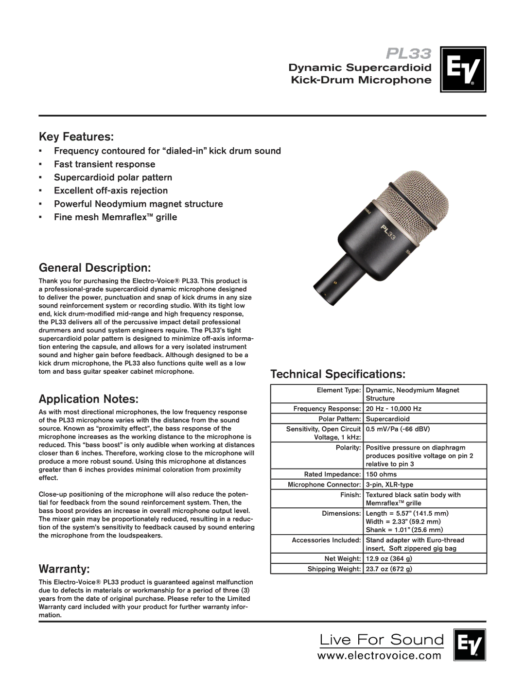 Electro-Voice PL33 warranty Key Features, General Description, Application Notes, Warranty, Technical Specifications 