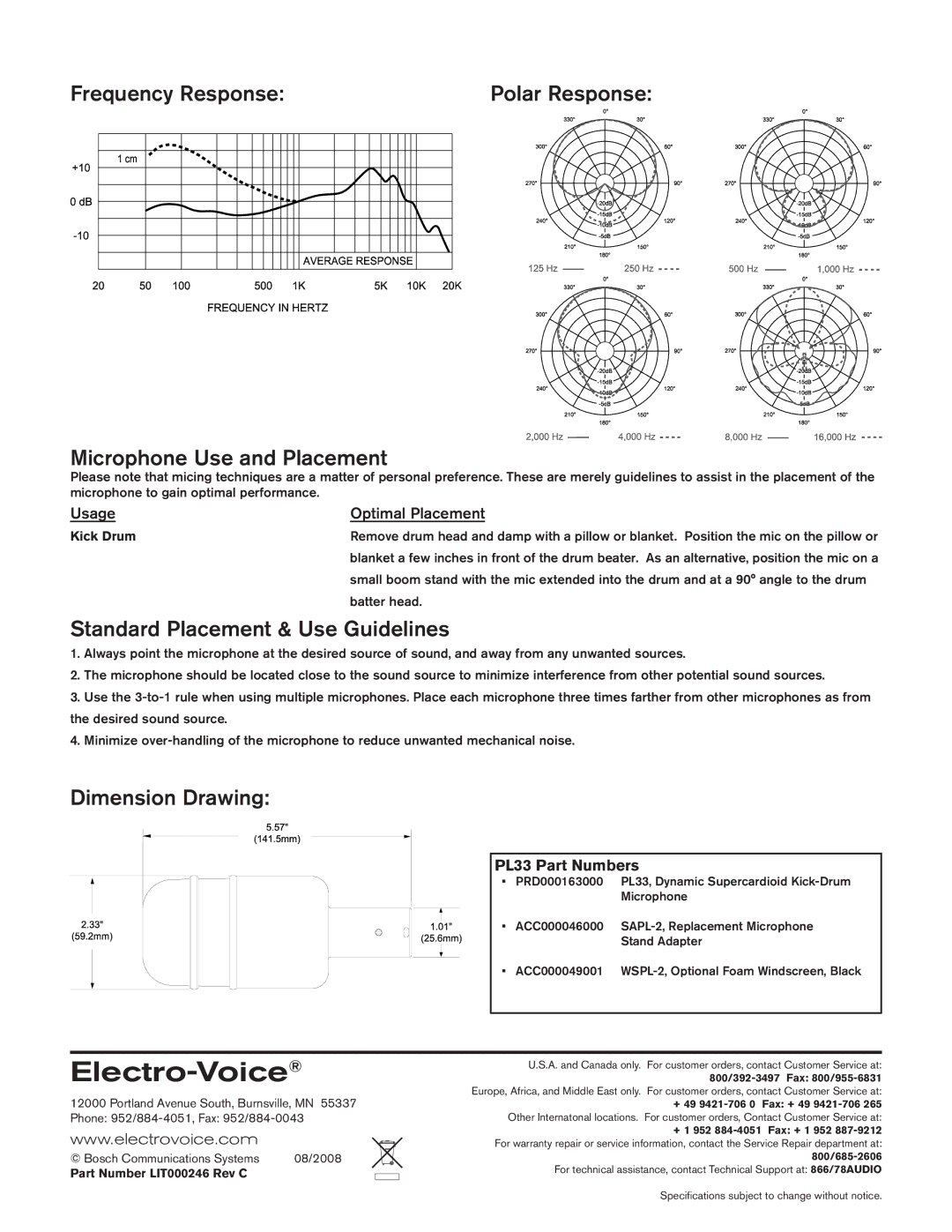 Electro-Voice PL33 warranty Frequency Response, Microphone Use and Placement, Standard Placement & Use Guidelines 