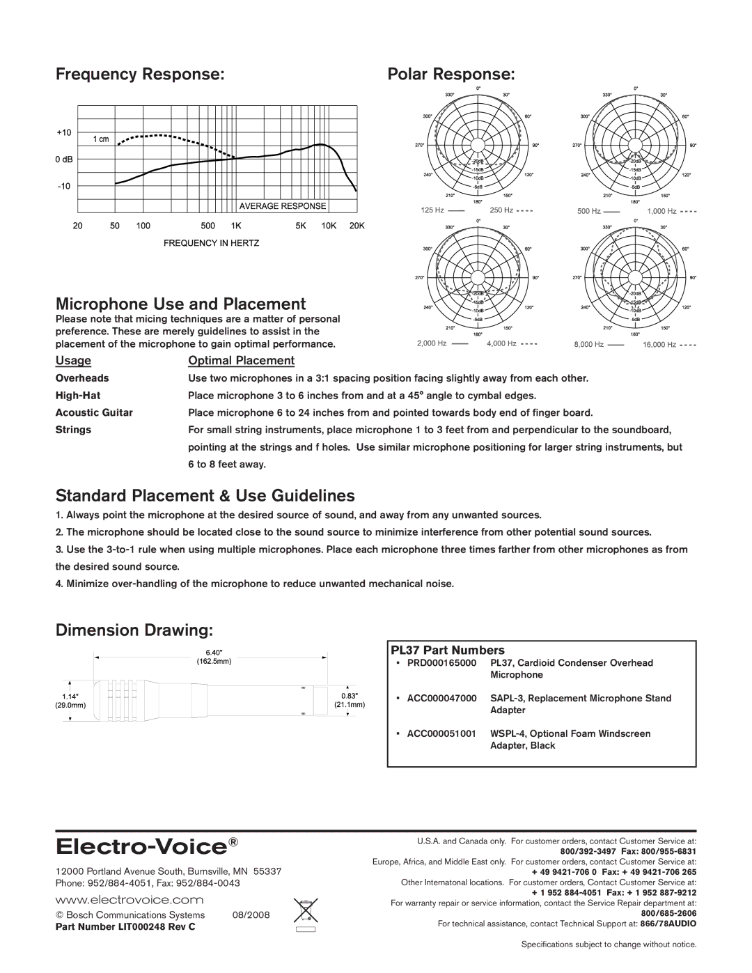 Electro-Voice PL37 Frequency Response, Microphone Use and Placement, Standard Placement & Use Guidelines 