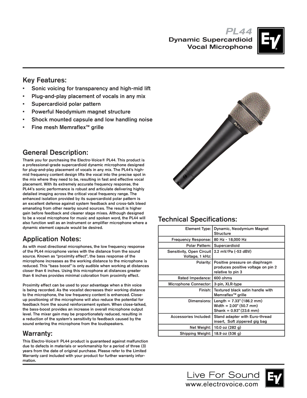 Electro-Voice PL44 warranty Key Features, General Description, Application Notes, Warranty, Technical Specifications 