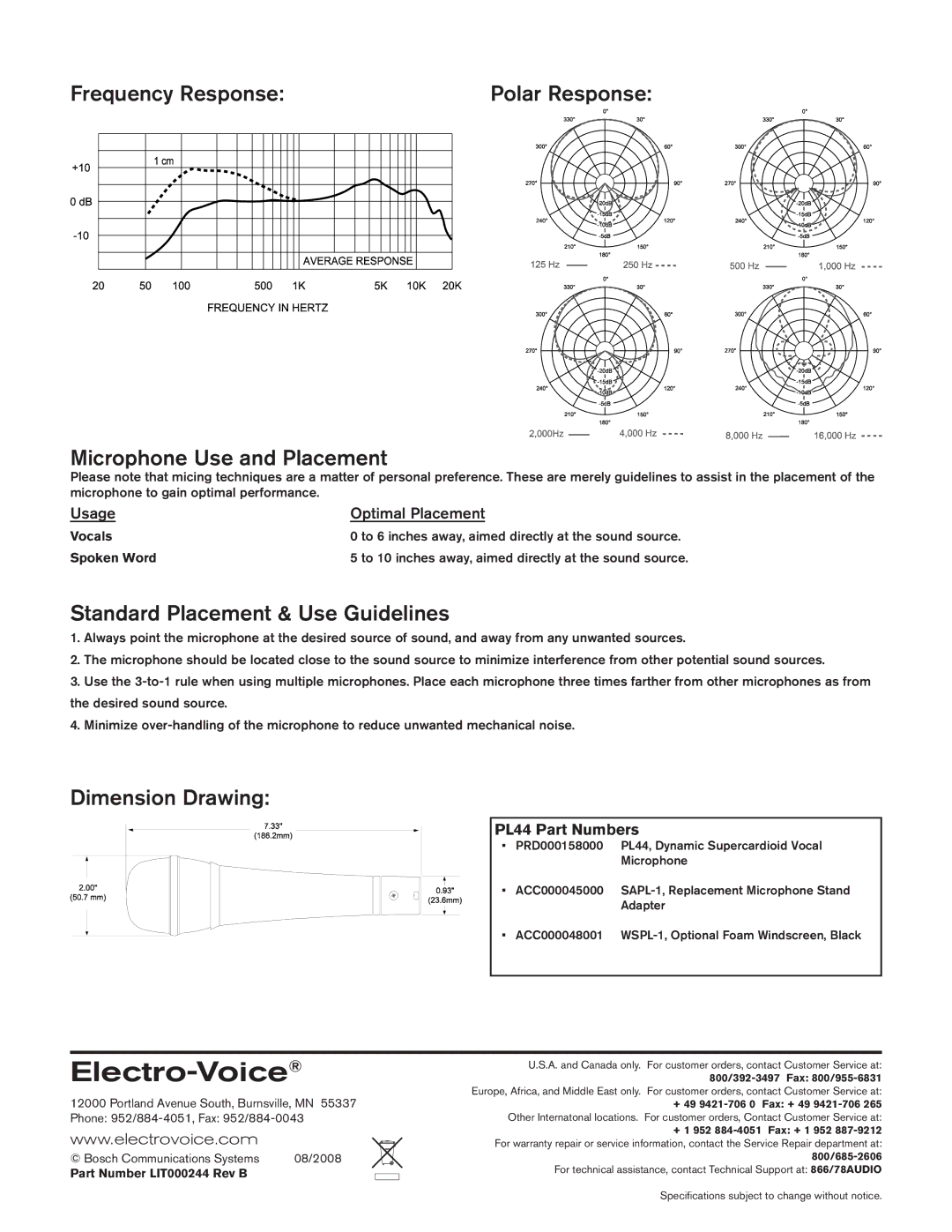 Electro-Voice PL44 warranty Frequency Response, Microphone Use and Placement, Standard Placement & Use Guidelines 