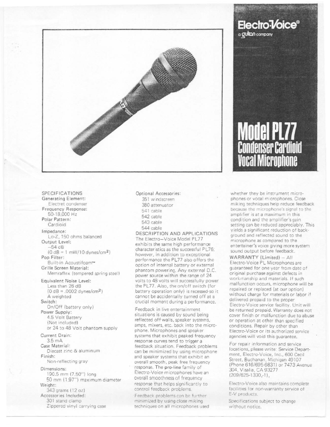 Electro-Voice PL77 manual 