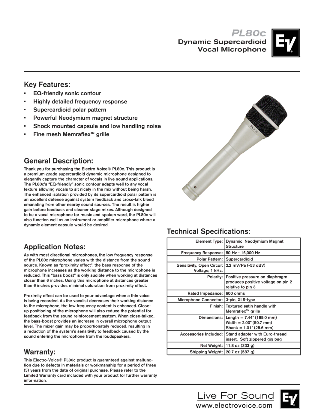 Electro-Voice PL80c warranty Key Features, General Description, Technical Specifications Application Notes, Warranty 