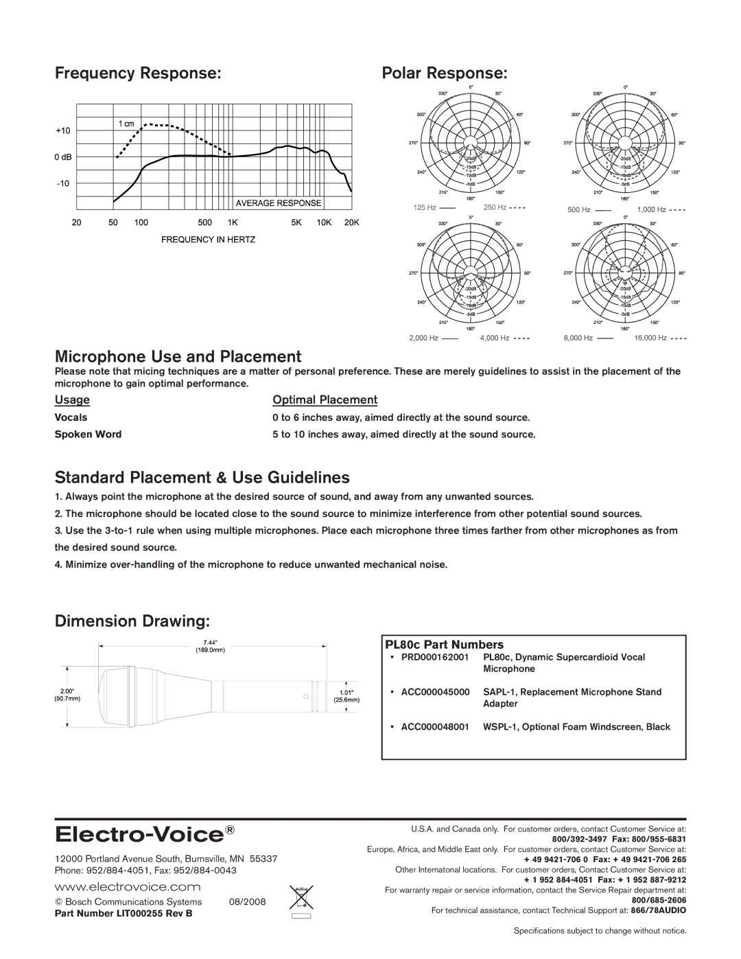 Electro-Voice PL80c warranty Frequency Response, Microphone Use and Placement, Standard Placement & Use Guidelines 