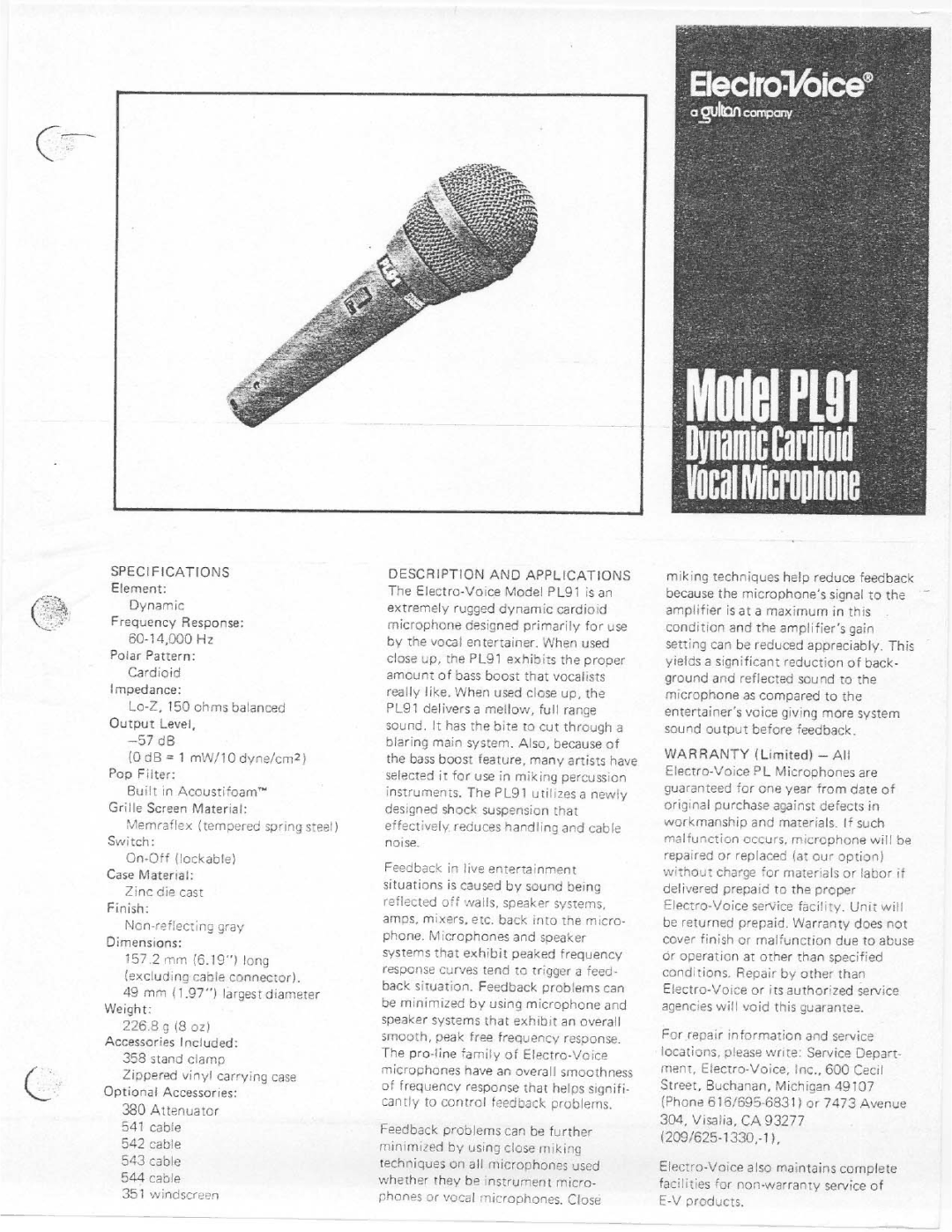 Electro-Voice PL91 manual 