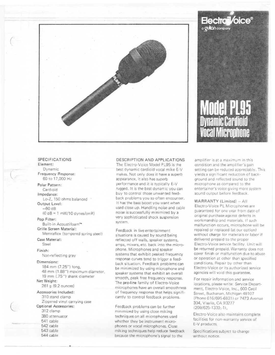 Electro-Voice PL95 manual 