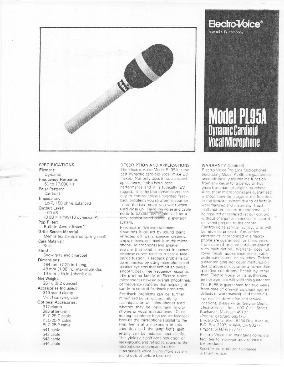 Electro-Voice PL95A manual 