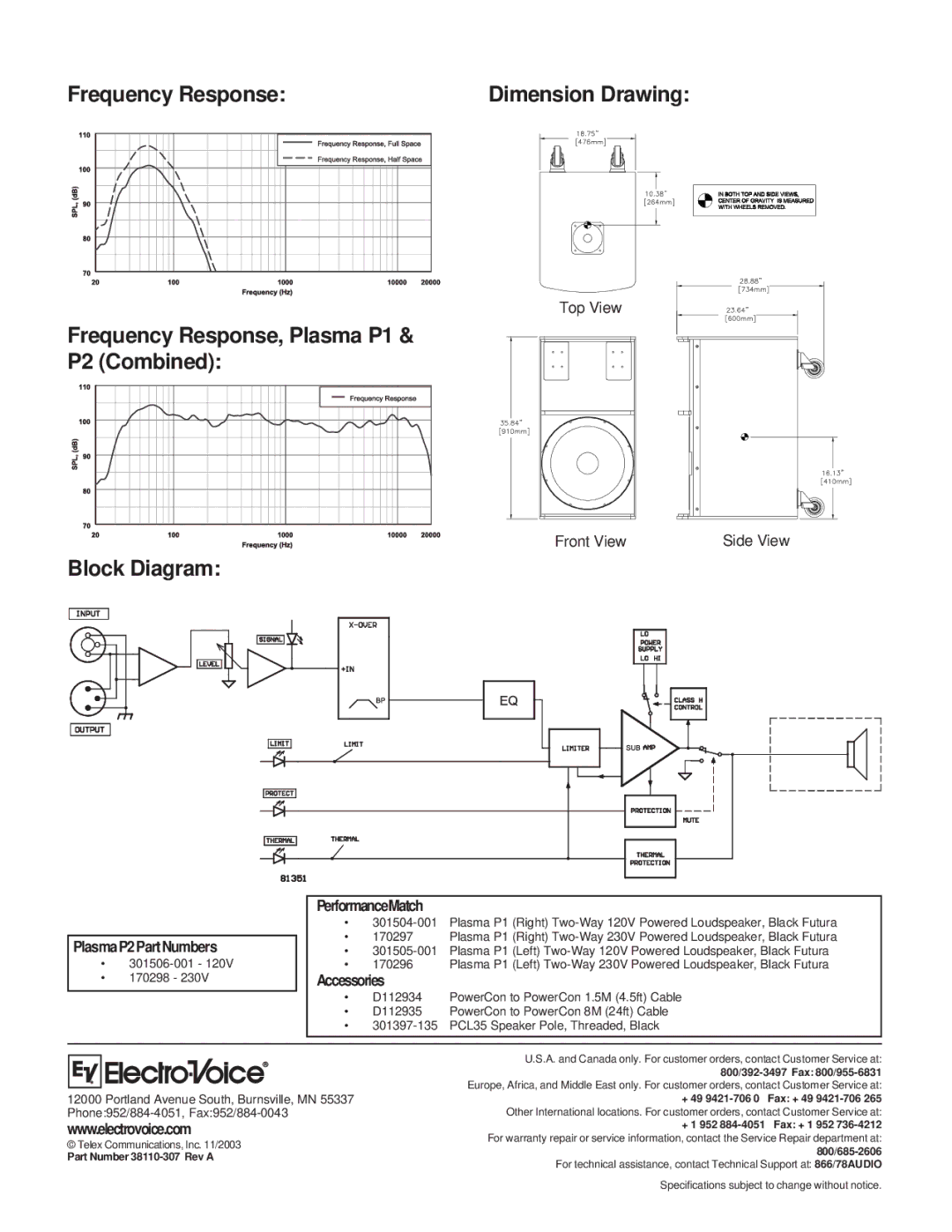 Electro-Voice Plasma P2 technical specifications Frequency Response, Plasma P1 P2 Combined, Block Diagram 