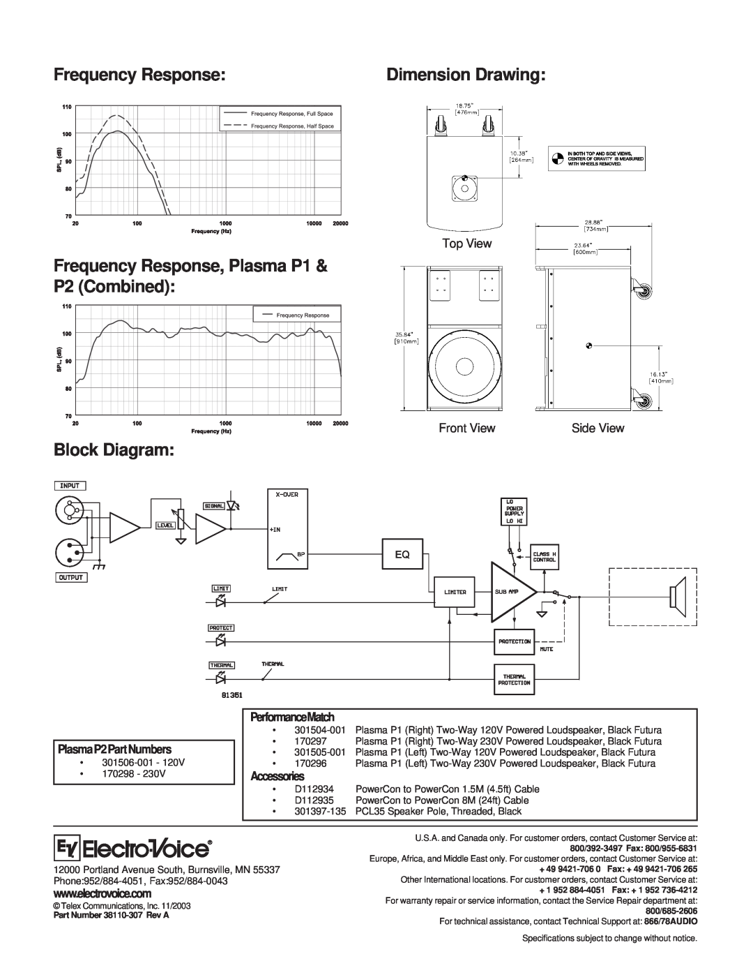 Electro-Voice Plasma P2 Frequency Response, Plasma P1 & P2 Combined, Block Diagram, PlasmaP2PartNumbers, Accessories 