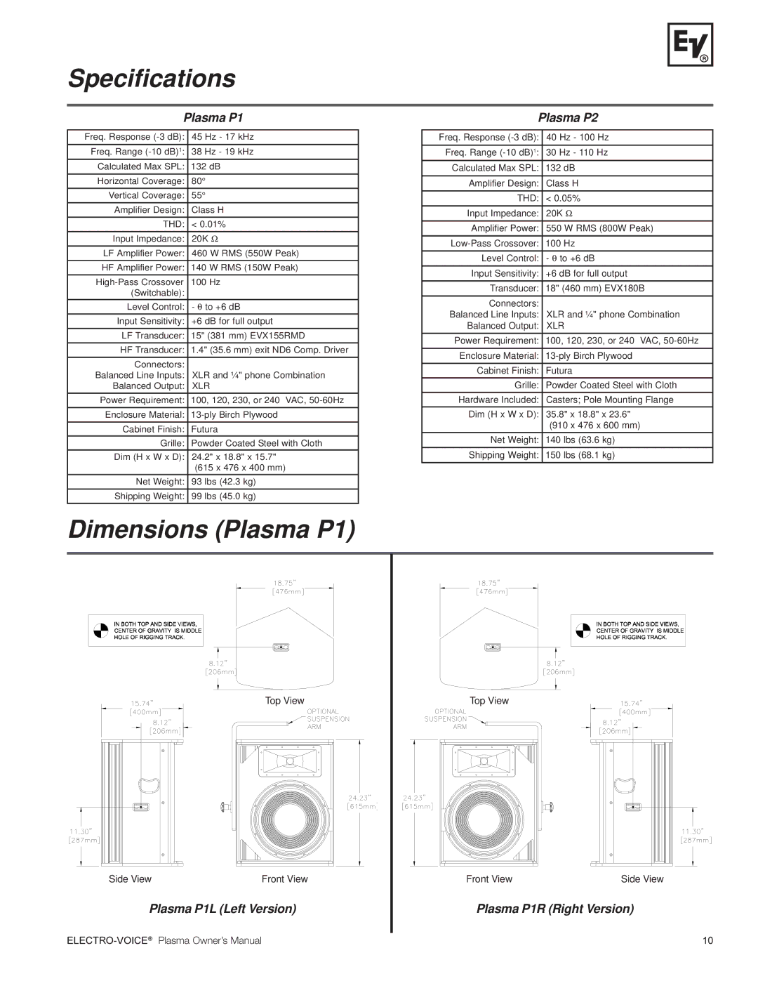 Electro-Voice Plasma Series manual Specifications, Dimensions Plasma P1 