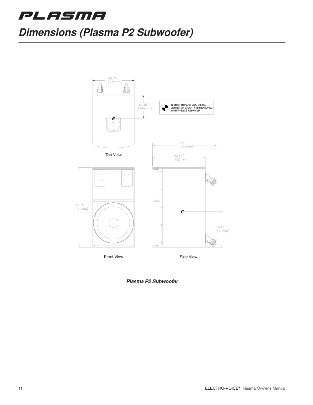 Electro-Voice Plasma Series manual Dimensions Plasma P2 Subwoofer 