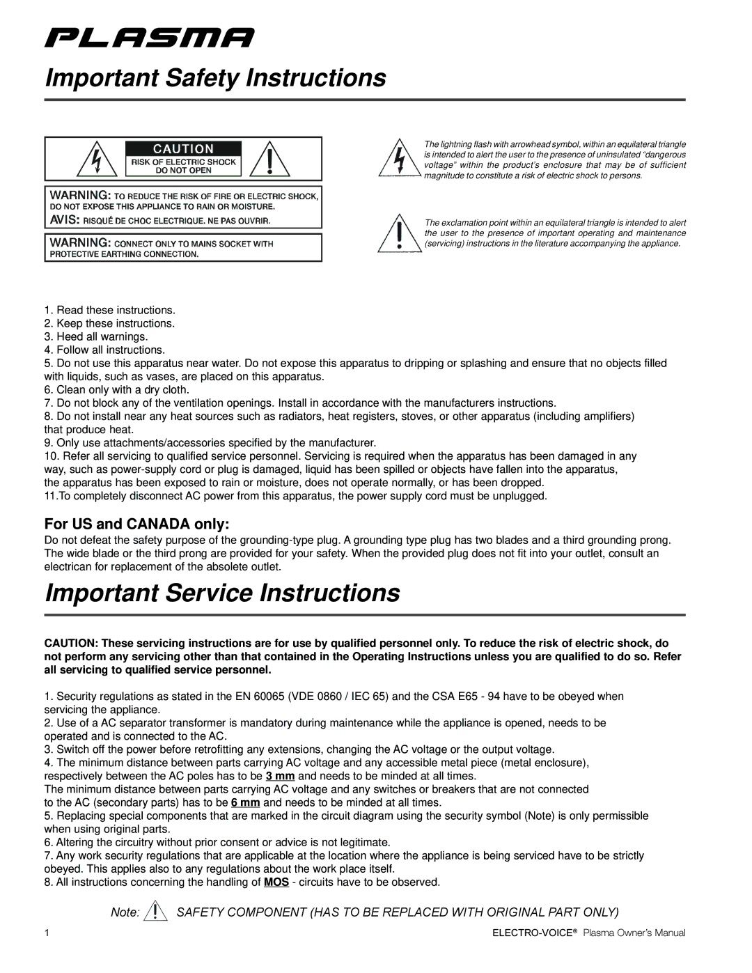 Electro-Voice Plasma Series manual Important Safety Instructions, Important Service Instructions, For US and Canada only 