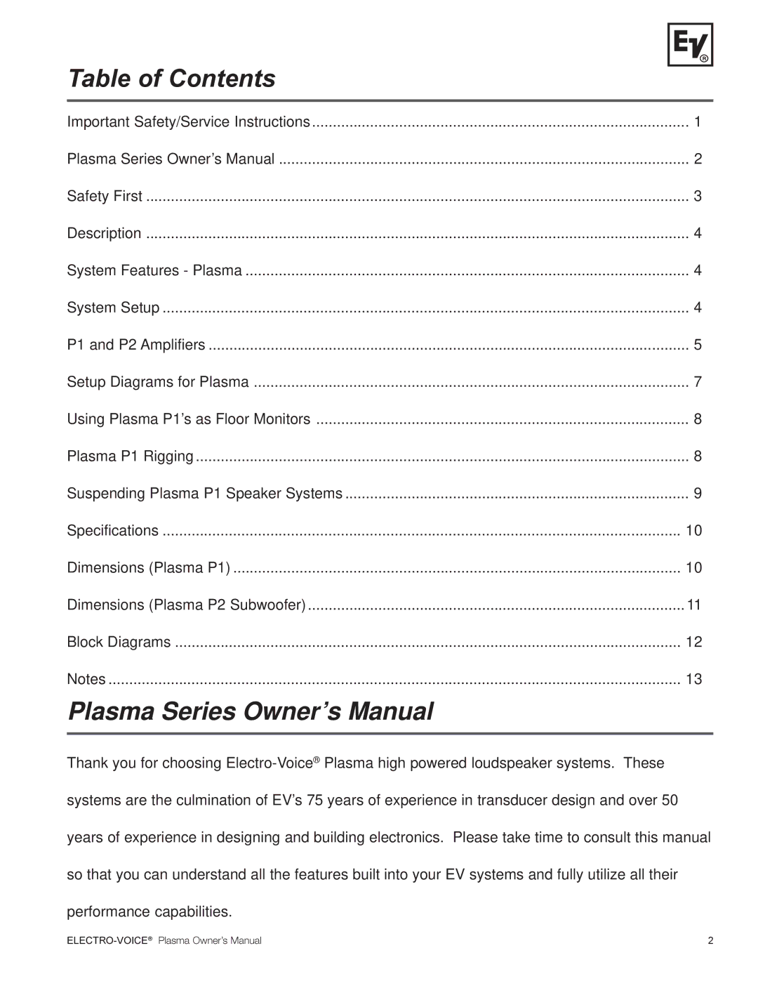 Electro-Voice Plasma Series manual Table of Contents 