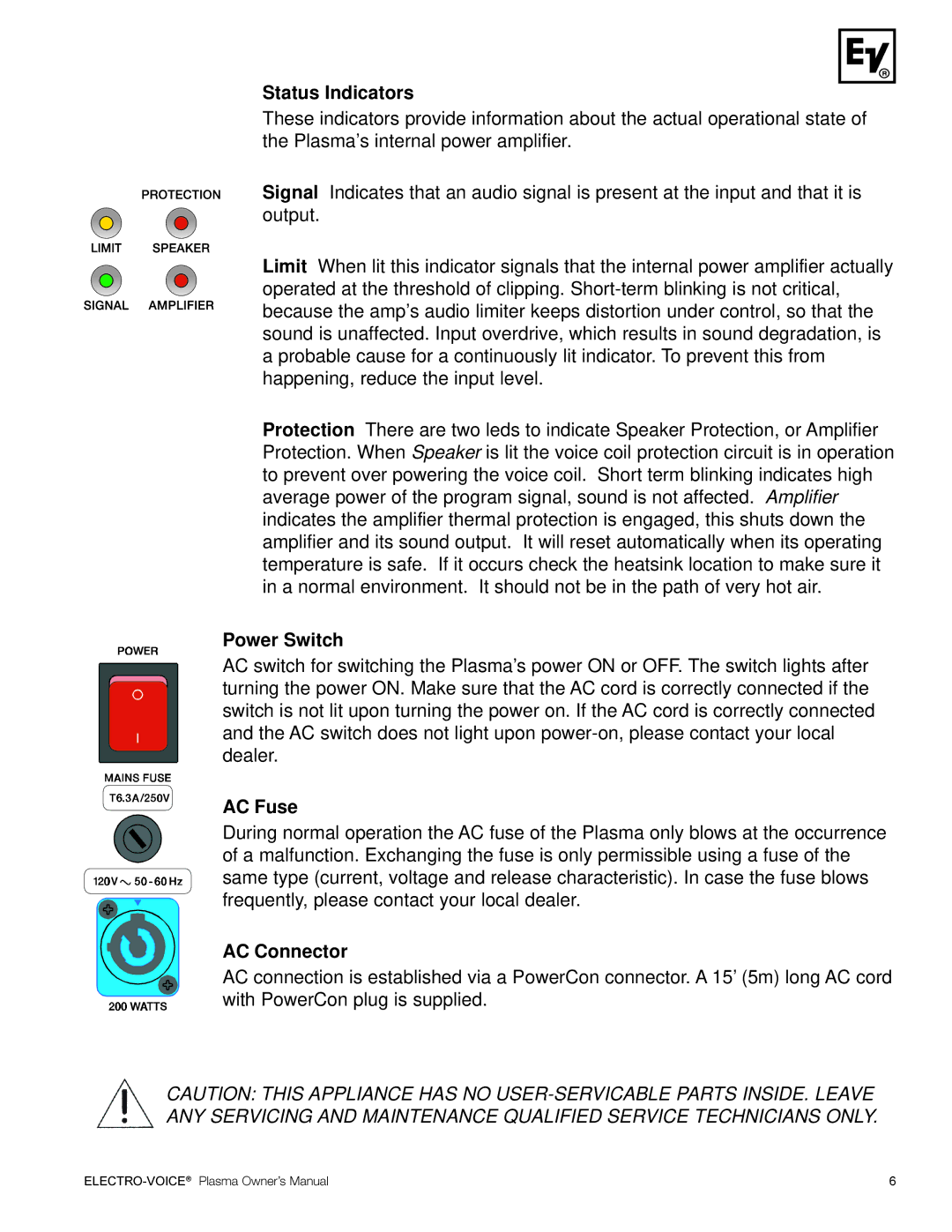 Electro-Voice Plasma Series manual Status Indicators, Power Switch, AC Fuse, AC Connector 