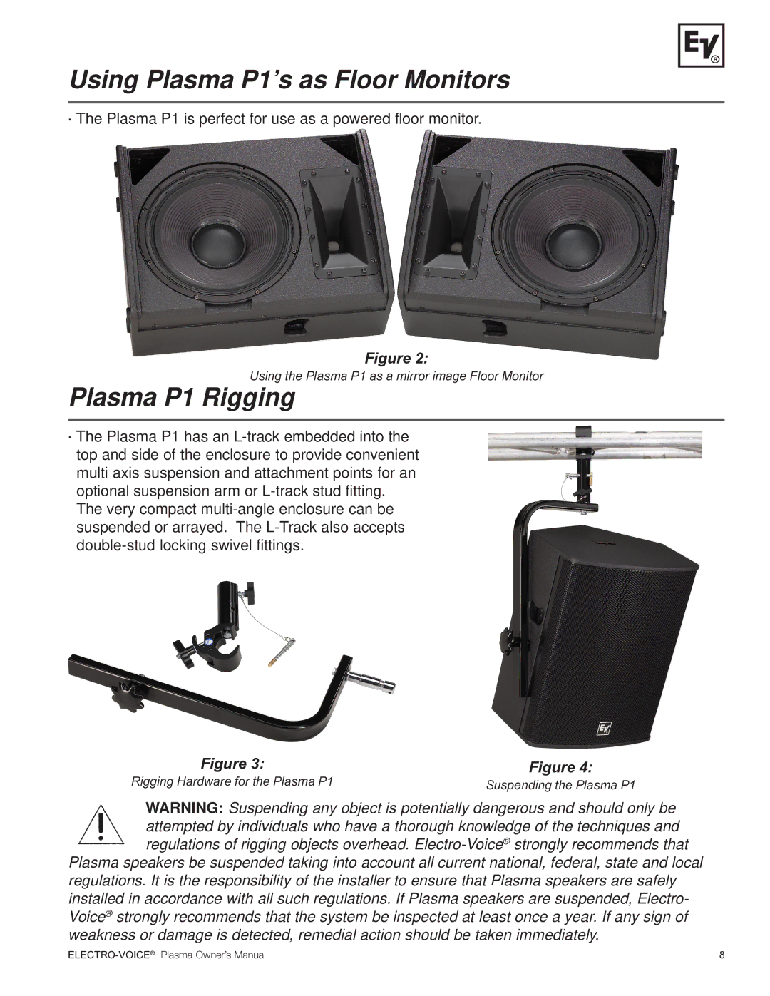 Electro-Voice Plasma Series manual Using Plasma P1’s as Floor Monitors, Plasma P1 Rigging 