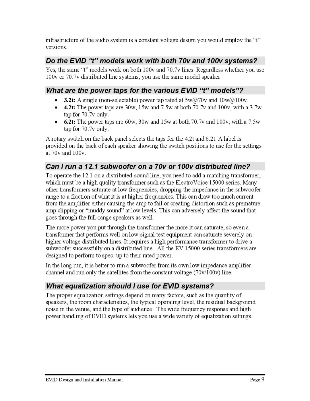 Electro-Voice Premium Surface Mount Speakers manual Do the Evid t models work with both 70v and 100v systems? 