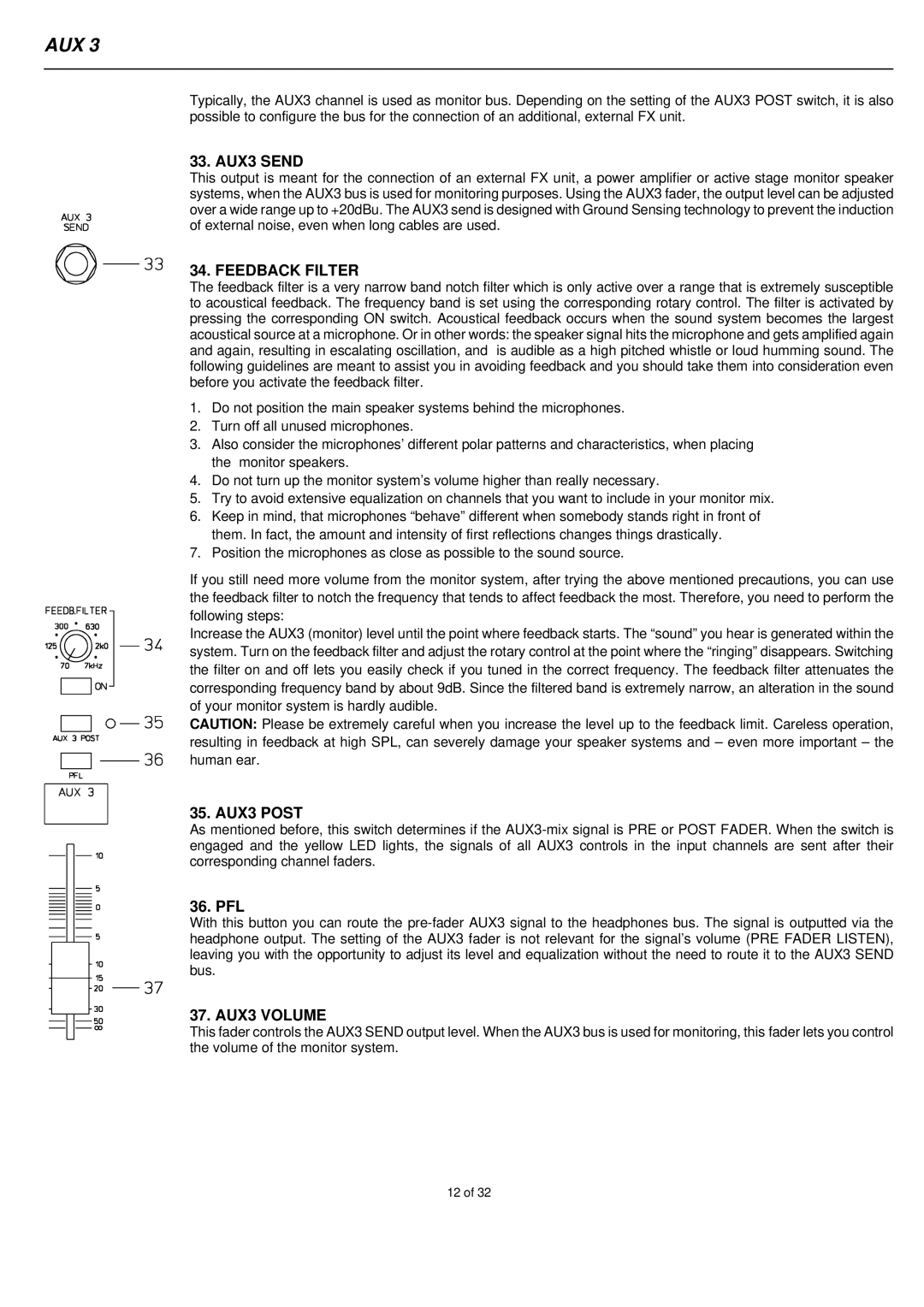Electro-Voice PSX1000, PSX2200, PSX1600 owner manual Aux, AUX3 Send, Feedback Filter, AUX3 Post, AUX3 Volume 