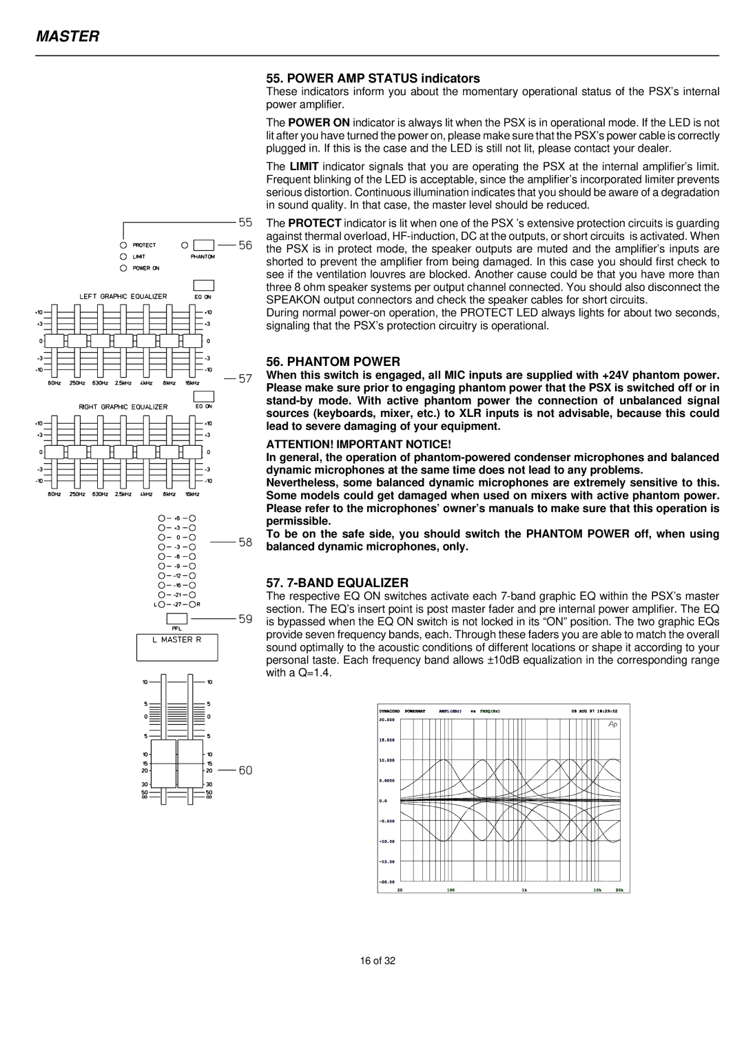 Electro-Voice PSX2200, PSX1000, PSX1600 owner manual Power AMP Status indicators, Phantom Power, Band Equalizer 