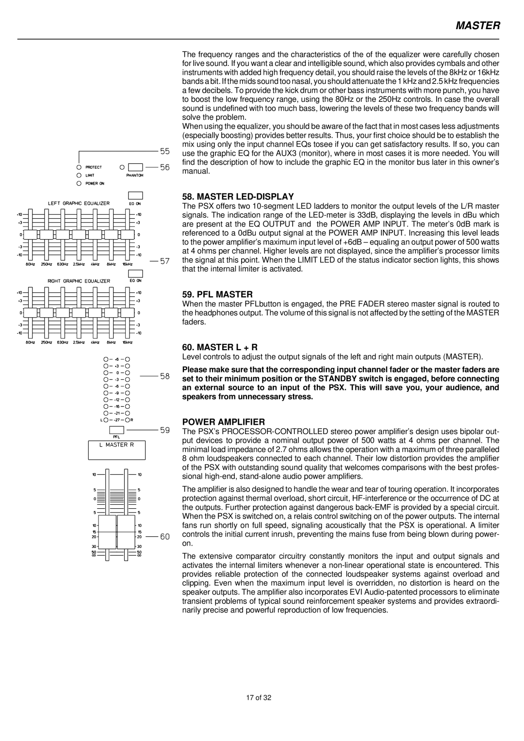 Electro-Voice PSX1600, PSX1000, PSX2200 owner manual Master LED-DISPLAY, PFL Master, Master L + R, Power Amplifier 