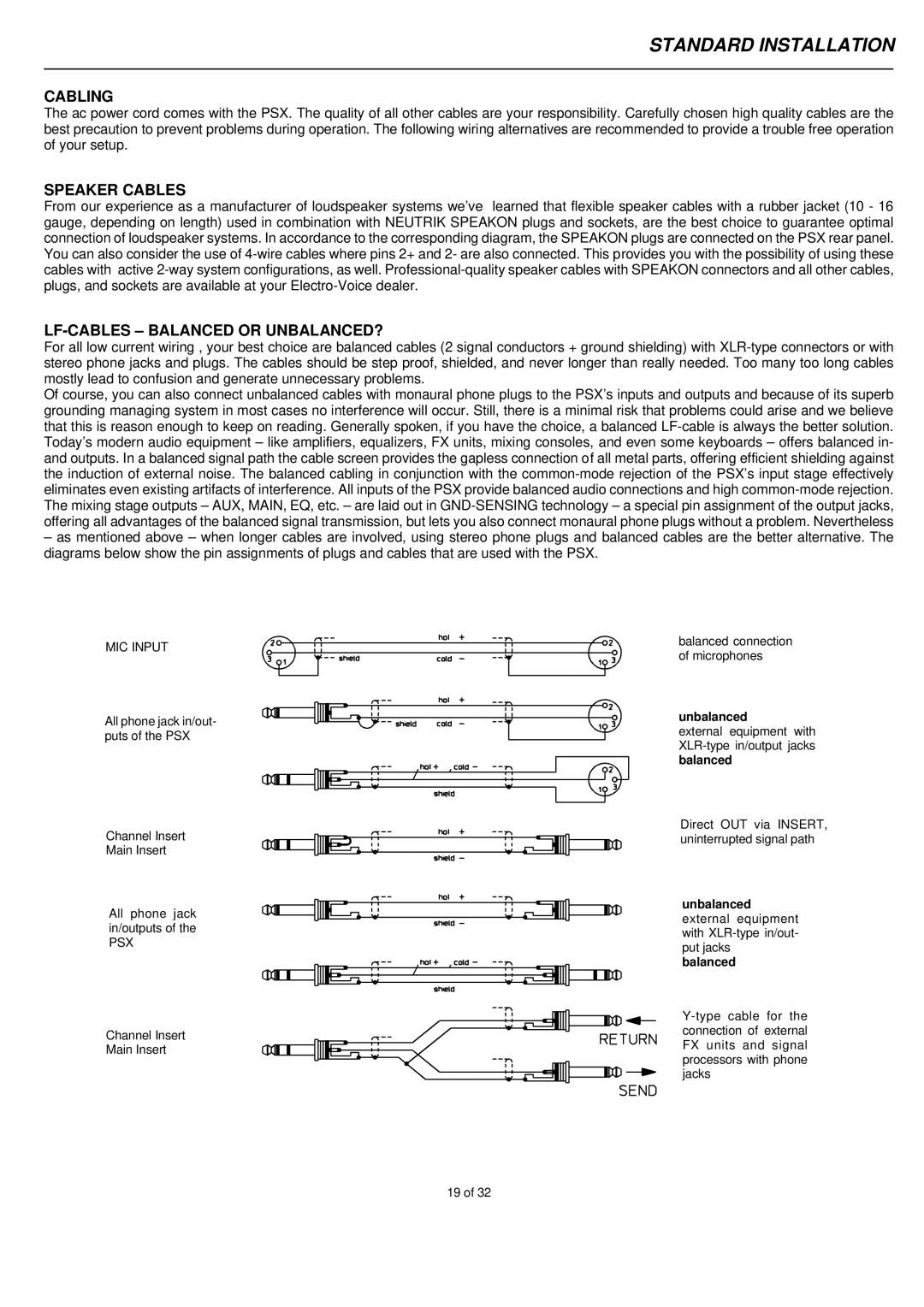 Electro-Voice PSX2200, PSX1000, PSX1600 Standard Installation, Cabling, Speaker Cables, LF-CABLES Balanced or UNBALANCED? 