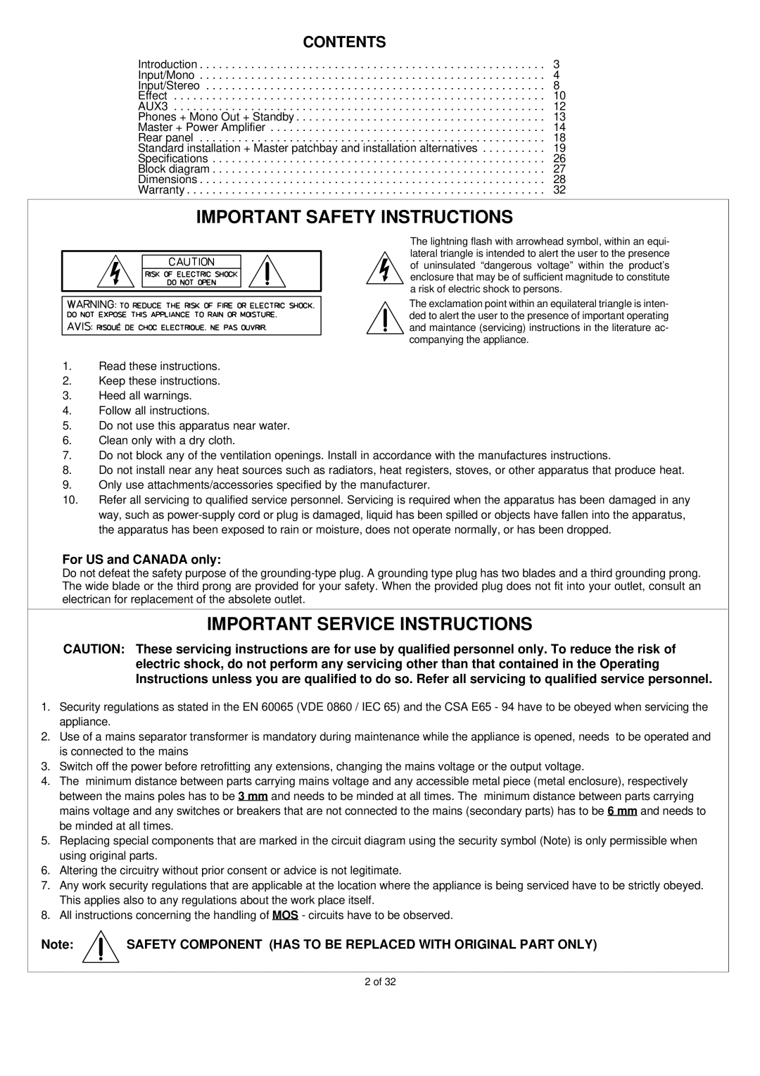 Electro-Voice PSX1600, PSX1000, PSX2200 owner manual Important Safety Instructions 